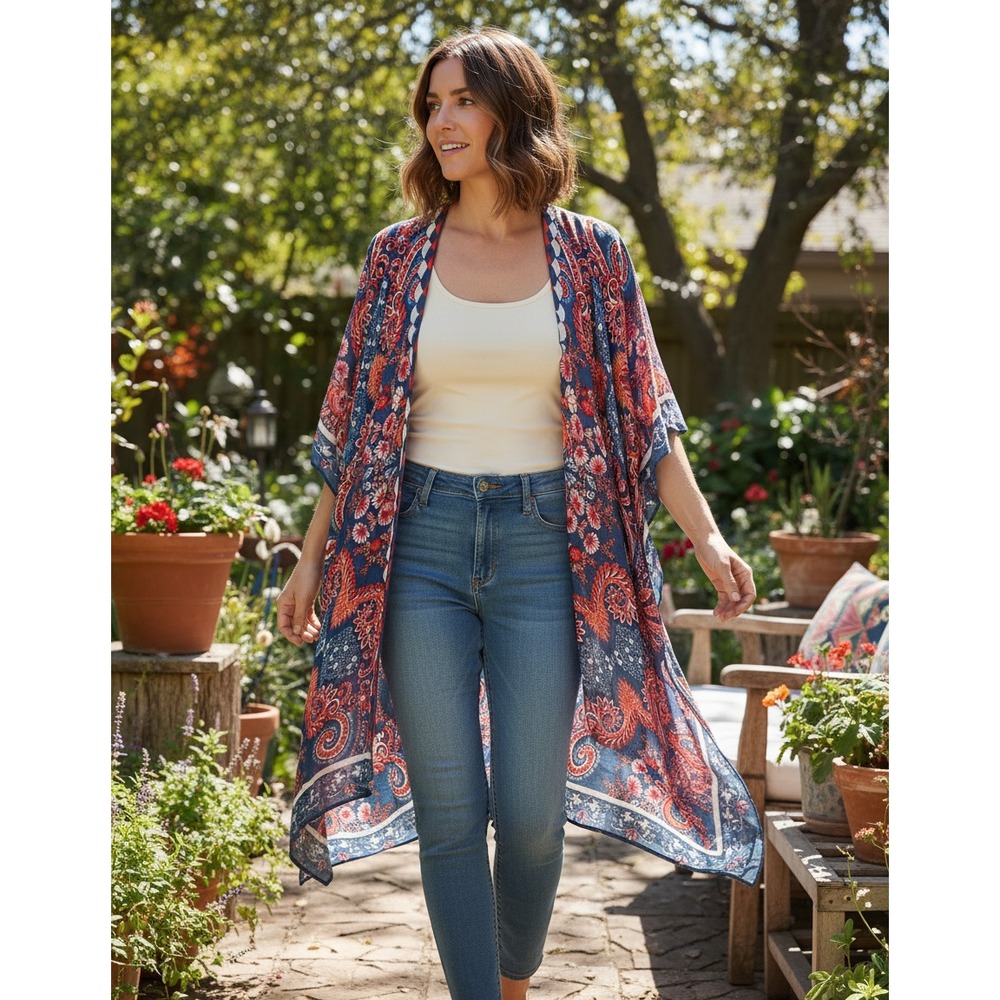 NEW Moss Rose Kimono Tunic Blue Orange Red Boho Hippie OS Indie Artsy Festival